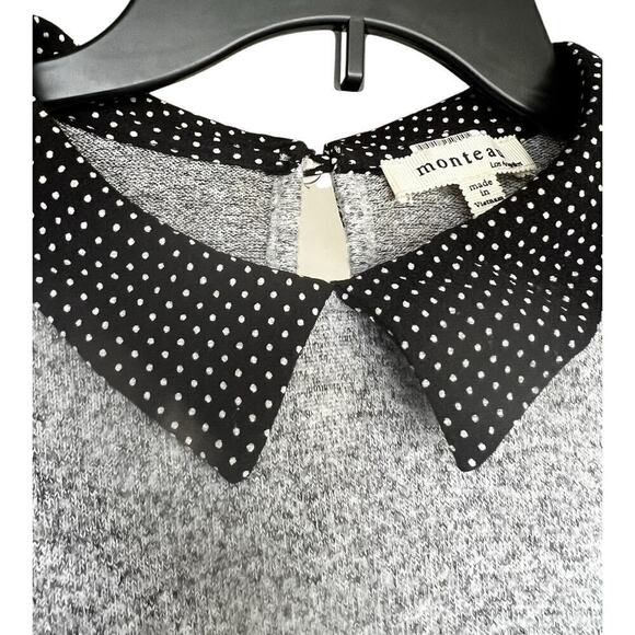 MONTEAU gray ultra soft sweater key hope black polka dot collar and trim size L - Picture 2 of 9